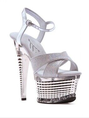 Ellie Disco 6" Crossed Textured Platform Silver Clear Stripper Heels, Sz 5